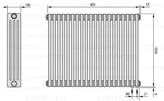 Схема (чертеж) Радиатор Zehnder Charleston 4150/20 №5510 Белый глянцевый RAL 9016